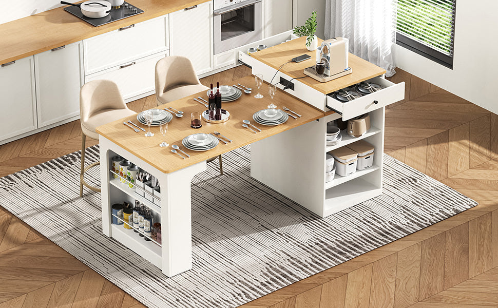 K&K 59.5' Kitchen Island with Extendable Dining Table, Kitchen Storage Table with Double-sided Storage, Kitchen Island with 2 Drawers, Power Outlet, Side Open Shelves, for Kitchen, Dining Room, Black