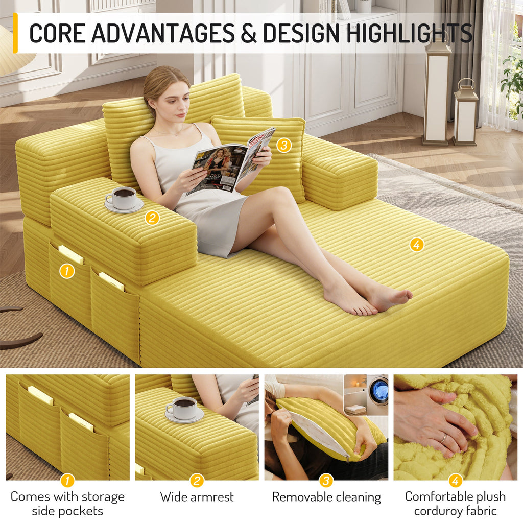 Oversized Plush Corduroy Chaise Lounge Sofa Bed,Convertible Sleeper Couch Bed w/ Storage Pockets,3 Soft Pillows,Multi-Functional Frameless Sofa Couch for Apartment,Home Theater,Guest Room,Beige&White