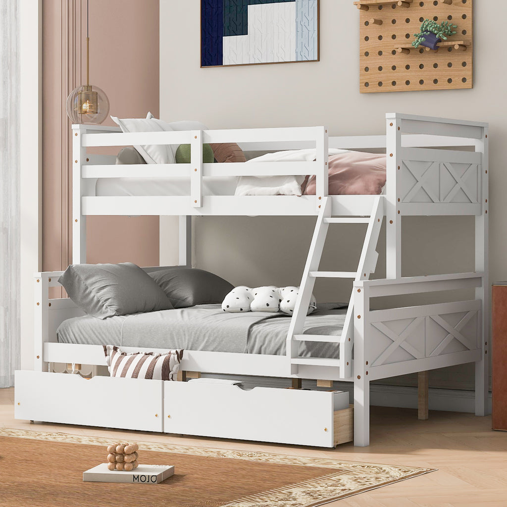 Twin-over-full bunk bed in white pine wood — angle view