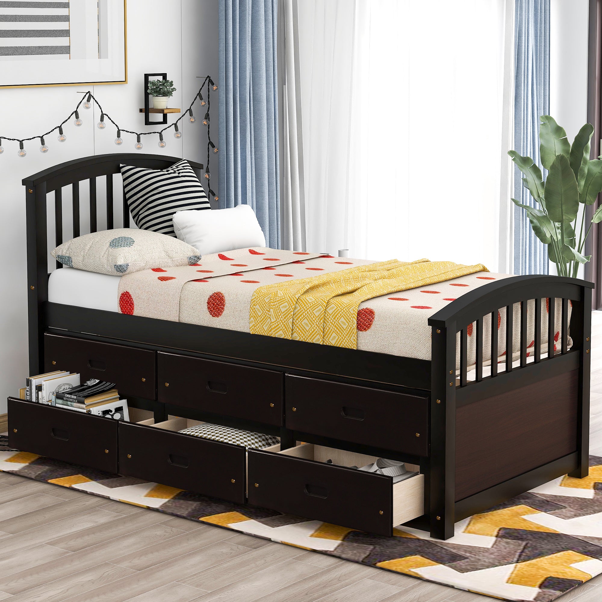 Espresso twin platform bed in bedroom setting