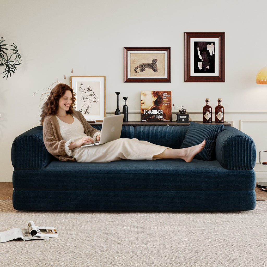 Corduroy Compression Convertible Floor Sofa Bed — Modular Loveseat, 78.8" Wide