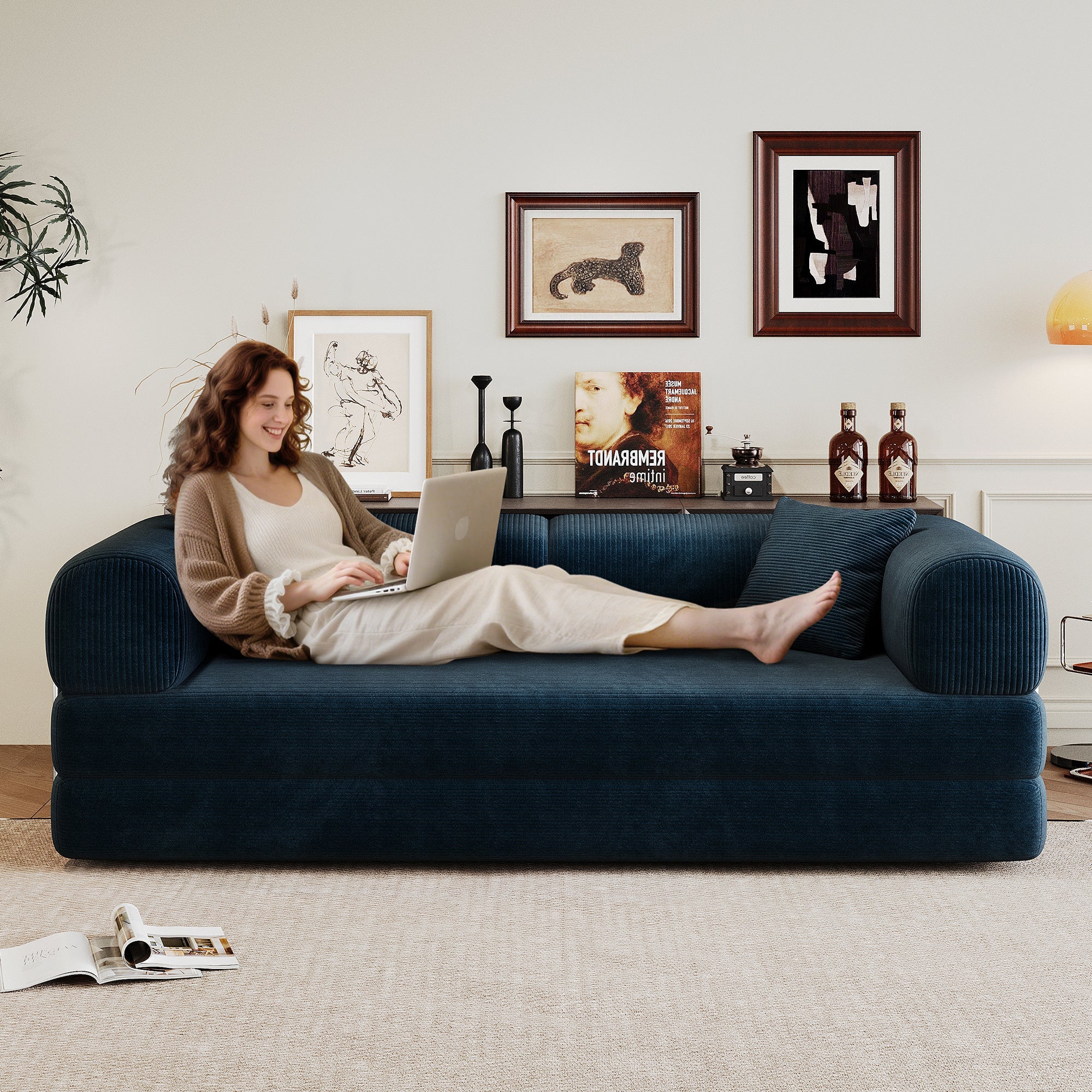 Corduroy Compression Convertible Floor Sofa Bed — Modular Loveseat, 78.8" Wide