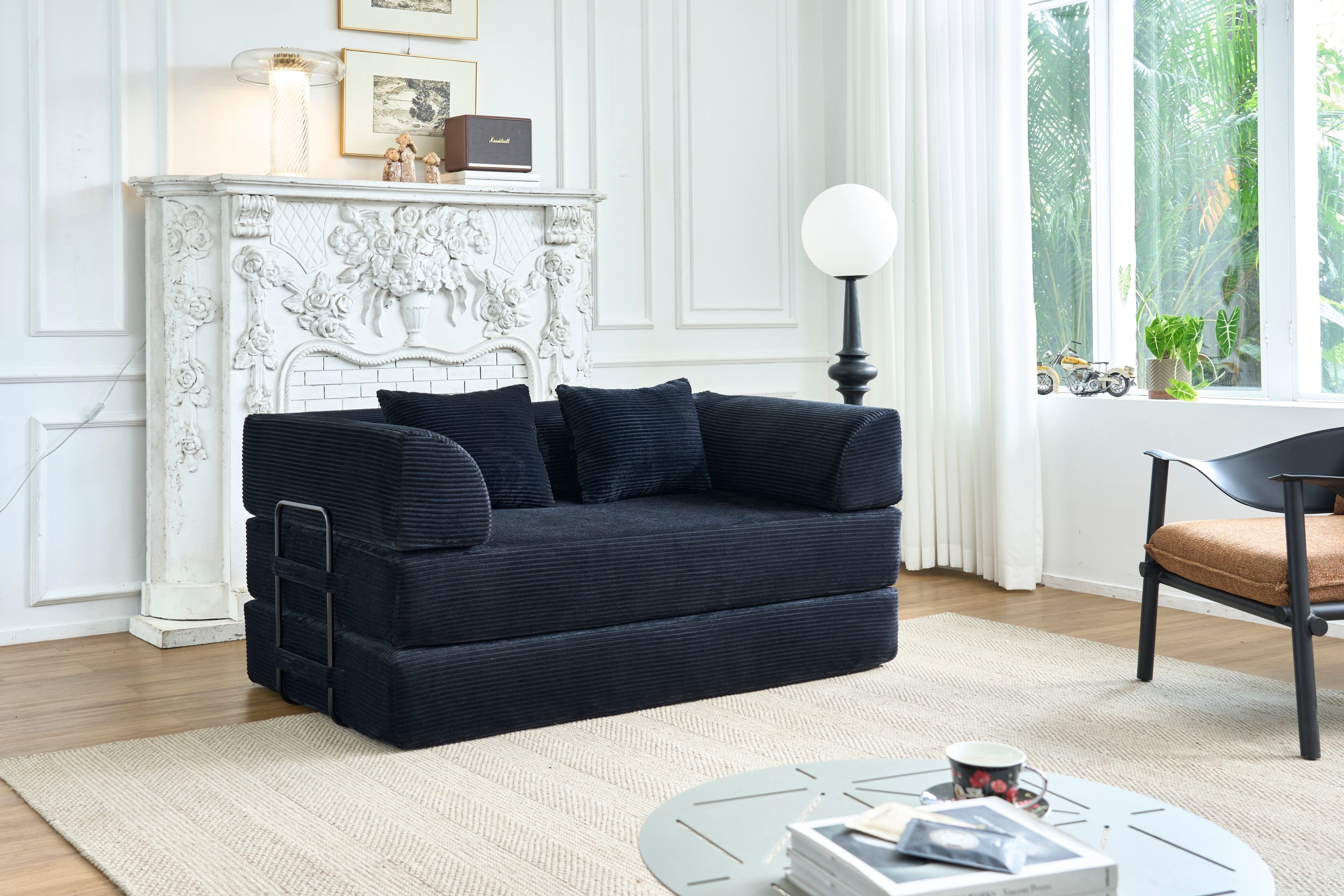 Convertible Sleeper Sofa Bed, Corduroy Folding Mattress Couch with Fixed-Shape Frame, Floor Sofa Lounge Couch Boneless Sofa for Living Room Bedroom, Light Gray