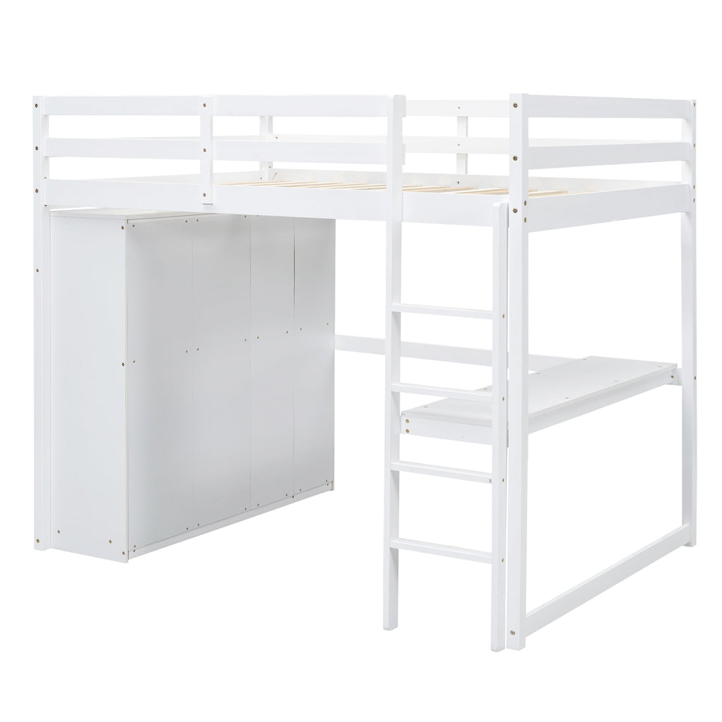 Full Size Loft Bed with Wardrobe, Desk & Storage Drawers — Pine Wood