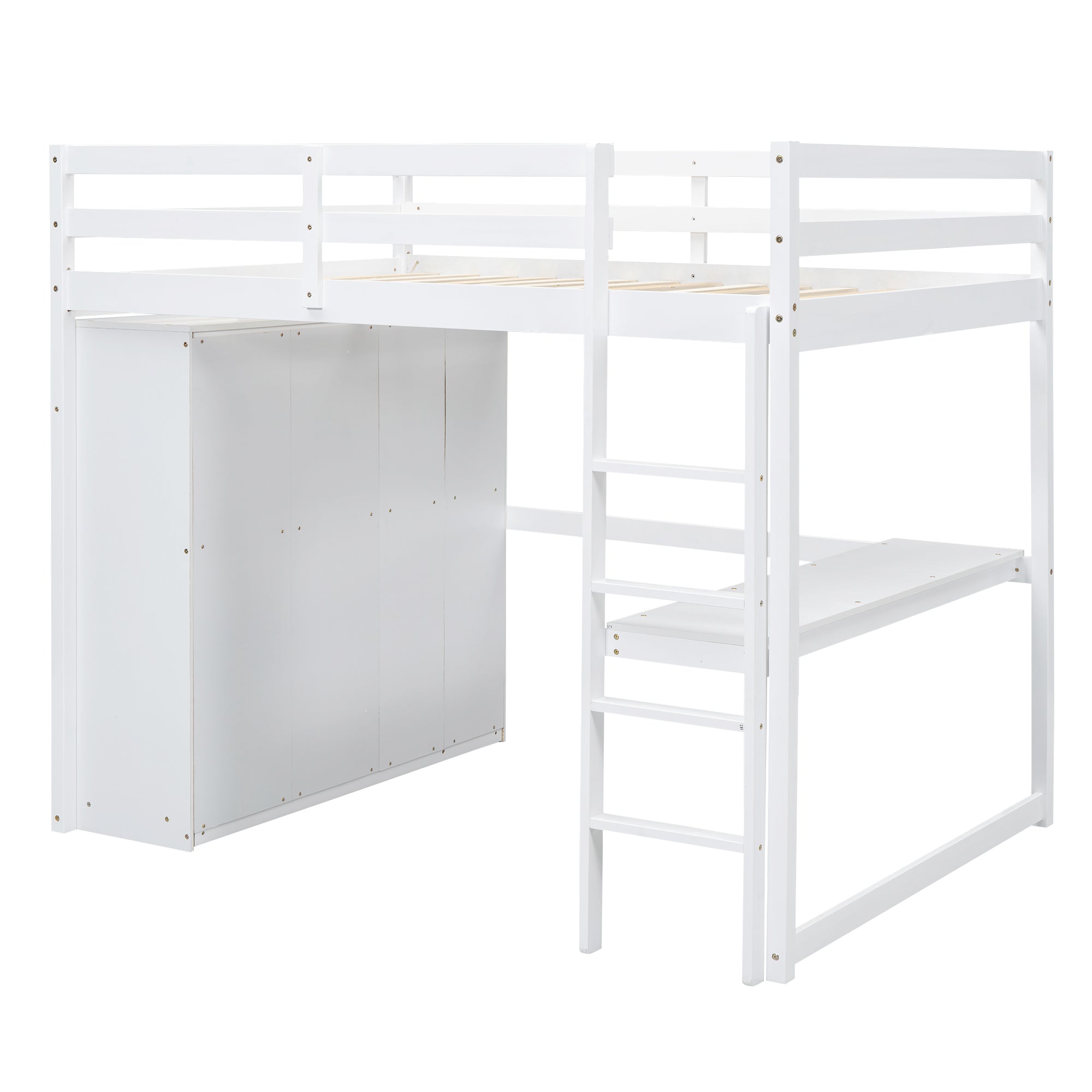 Full Size Loft Bed with Wardrobe, Desk & Storage Drawers — Pine Wood