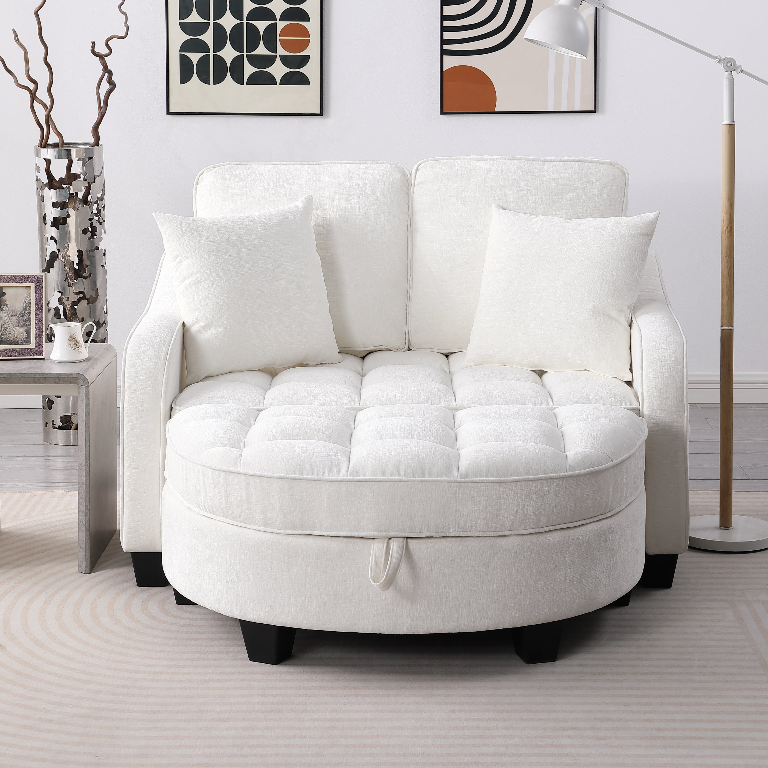 Corduroy 2-Seater Sofa Chaise — Storage Footrest & 2 Pillows, 42.7" Wide