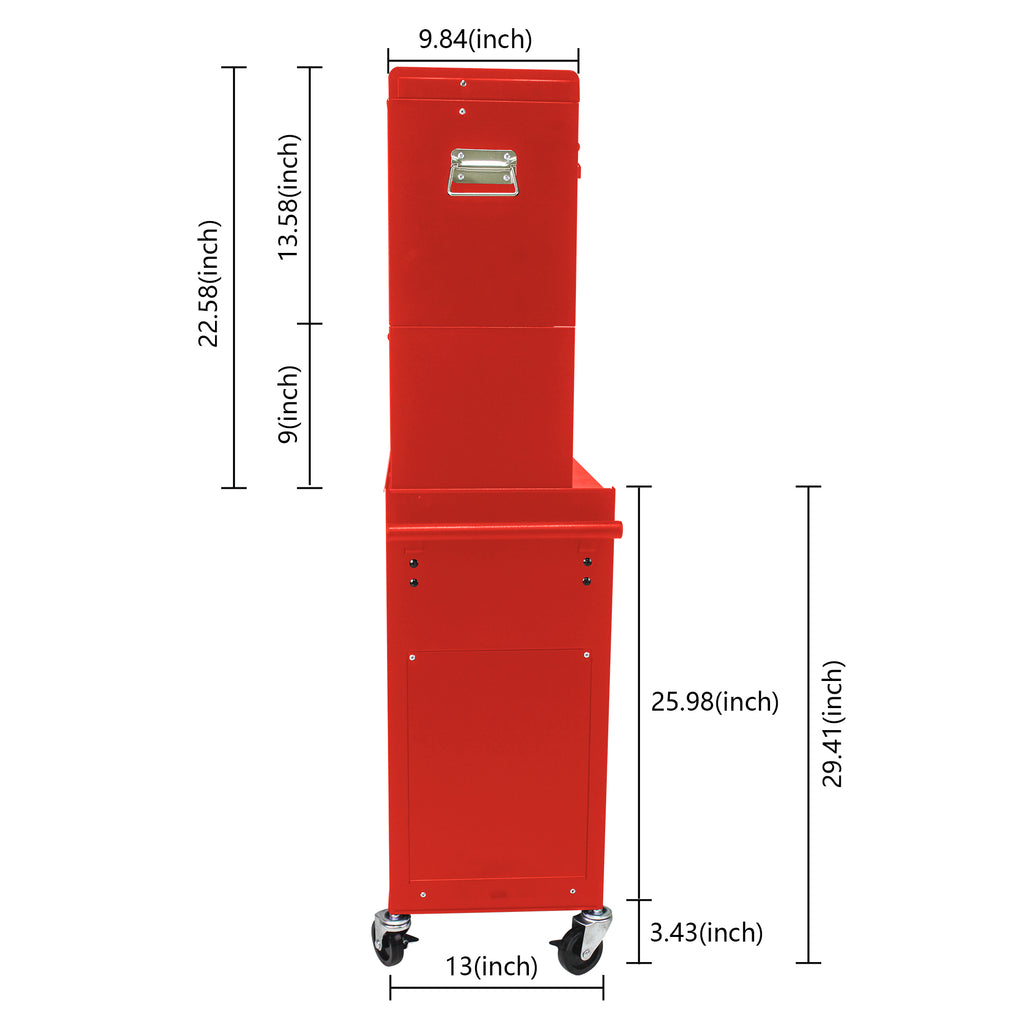 Red steel rolling tool chest open drawers close-up