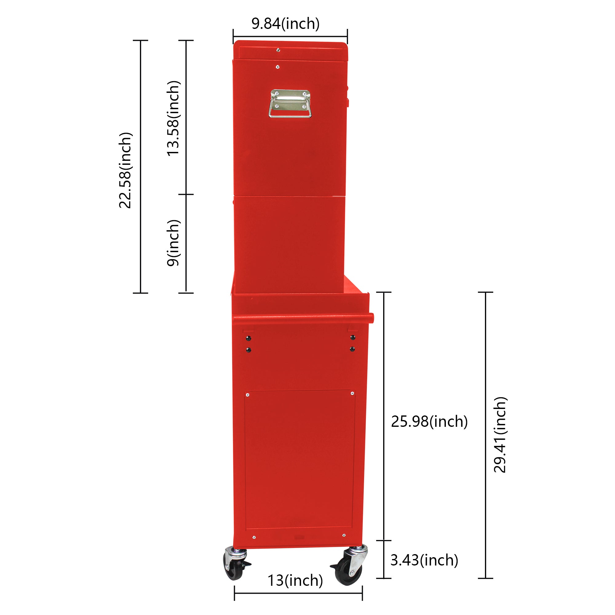 Red steel rolling tool chest open drawers close-up