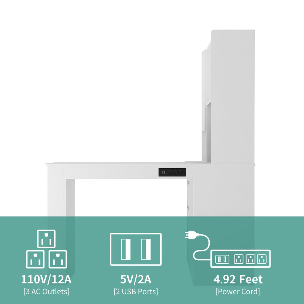 L-Shaped Desk with Bookshelf, Charging Station, Drawers & LED Light