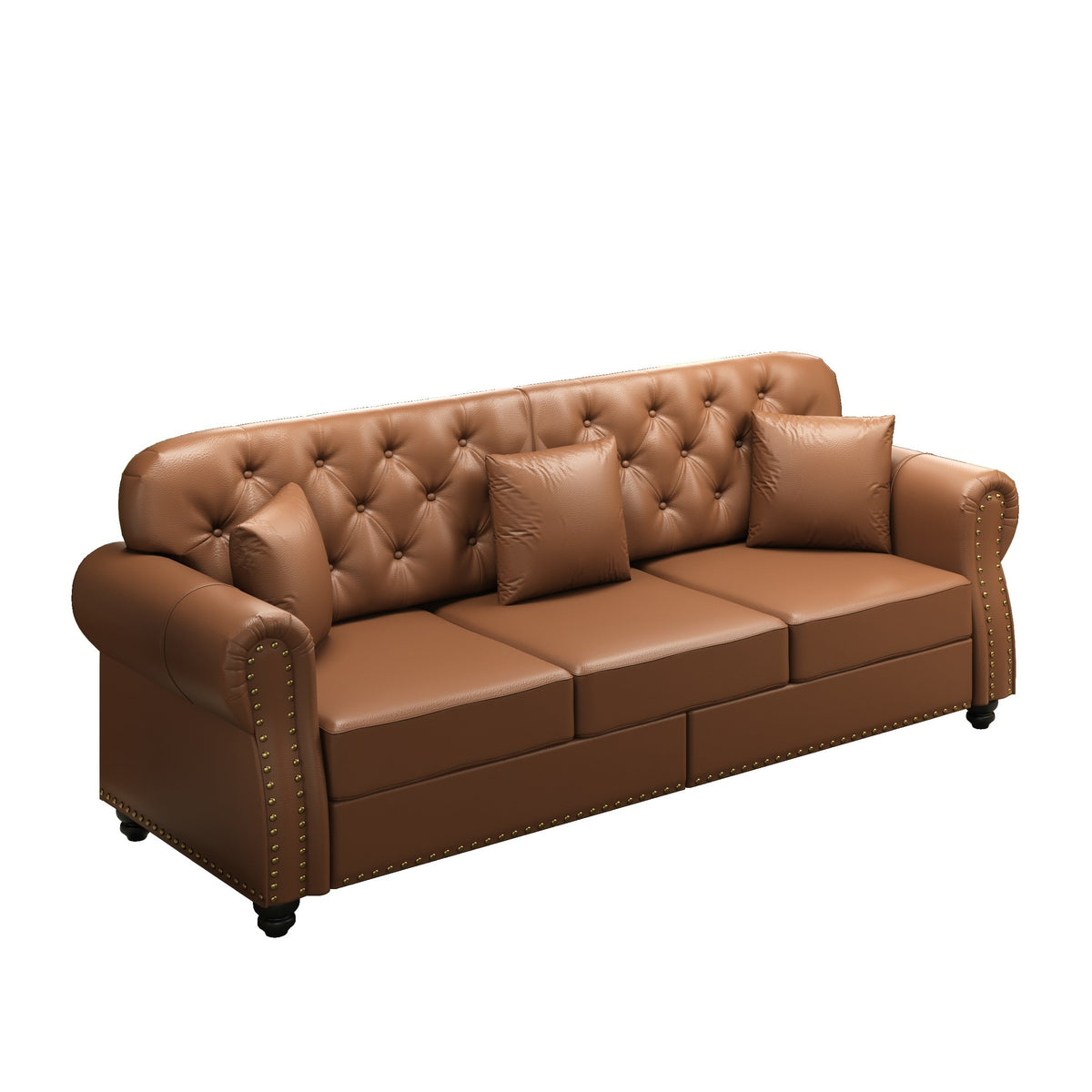 82.6'Upholstered Faux Leather Sofa with Nailhead Trim and Rolled Armrests,Mid-Century Modern Chesterfield Sofa with Button Tufted,Includes 3 Pillows,Black