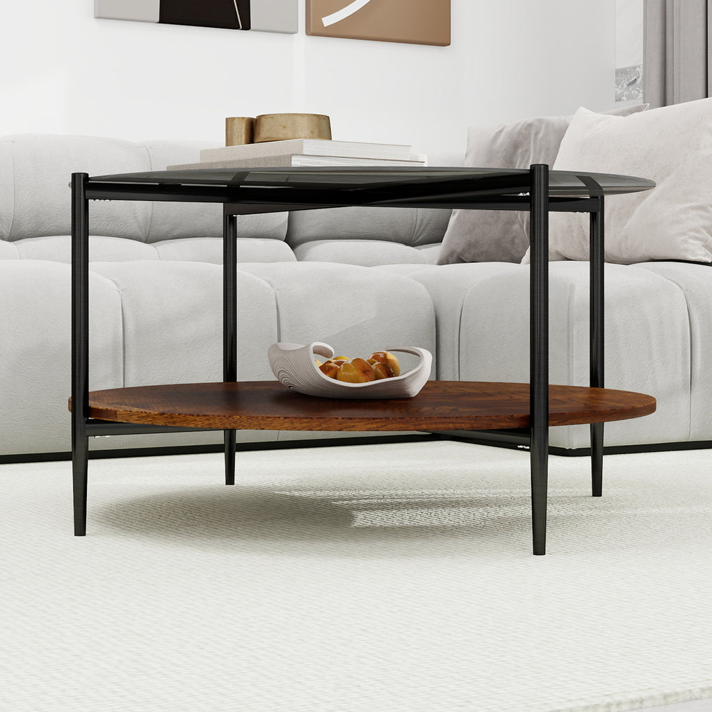 Black glass top round coffee table living room centerpiece setting
