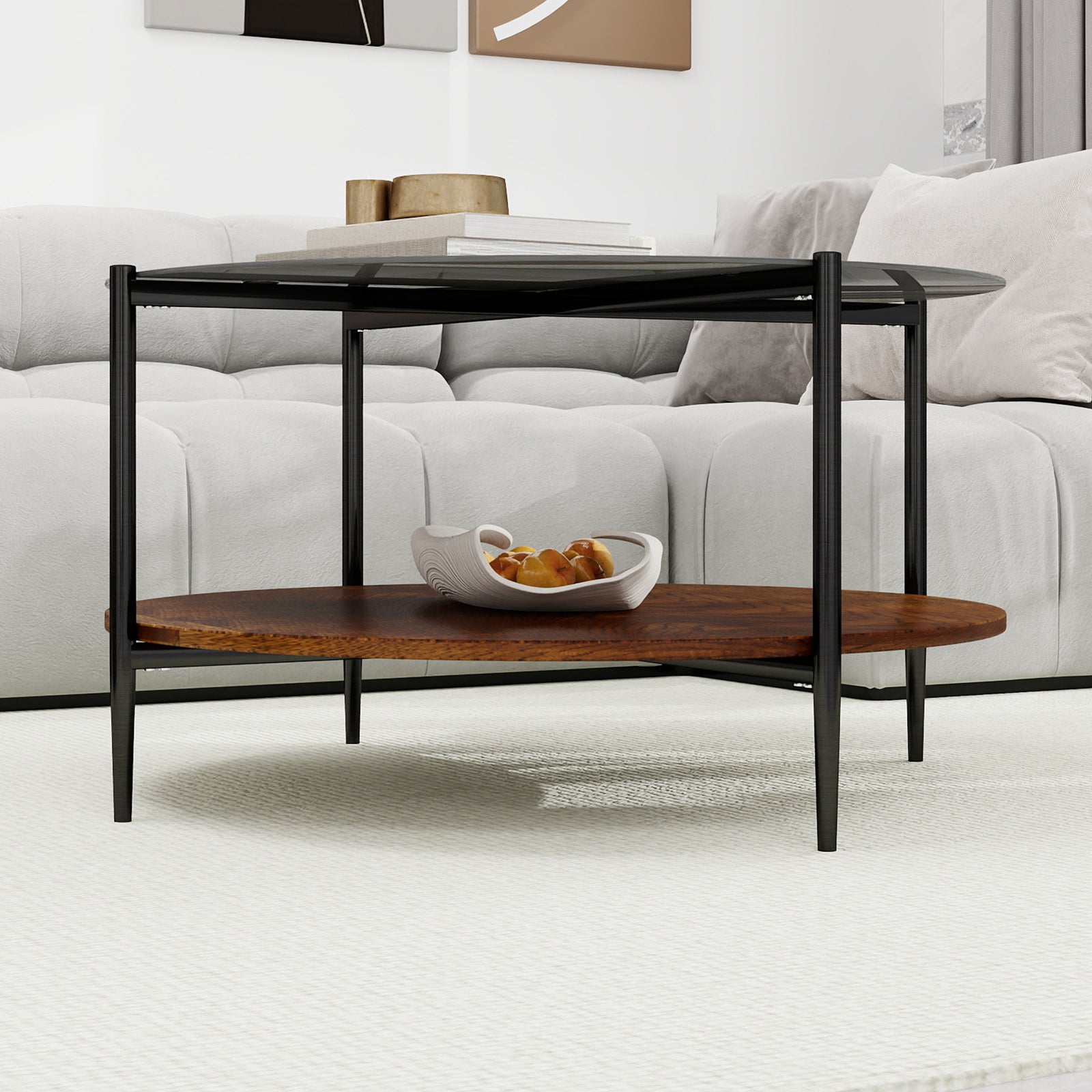 Black glass top round coffee table living room centerpiece setting