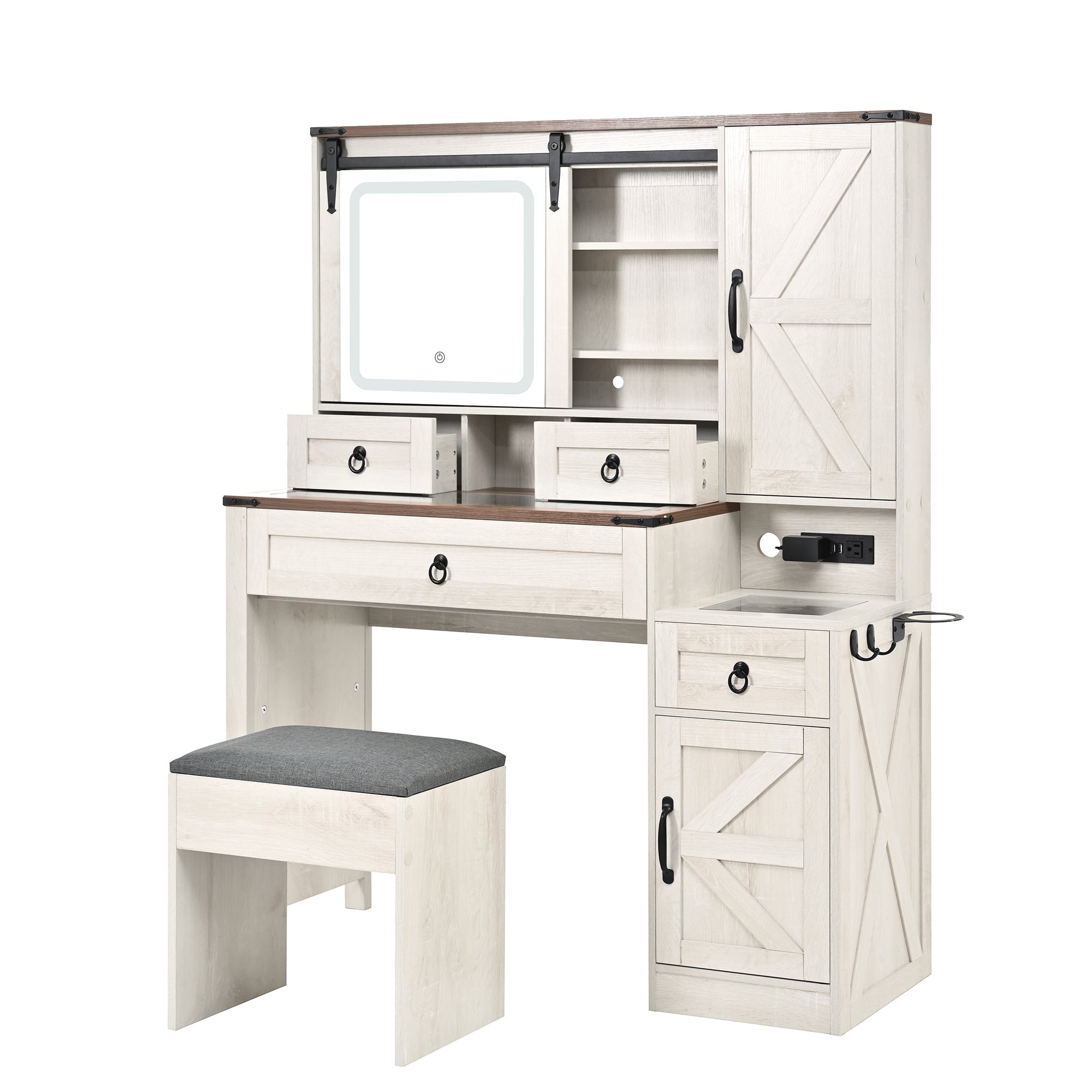 Farmhouse Vanity Desk with Sliding Mirror and Lights, Vanity Set with Glass Top and Charging Station ,Dressing Table with 4 Drawers and 2 Cabinets, Dressing Table with Stool for Bedroom, Gray