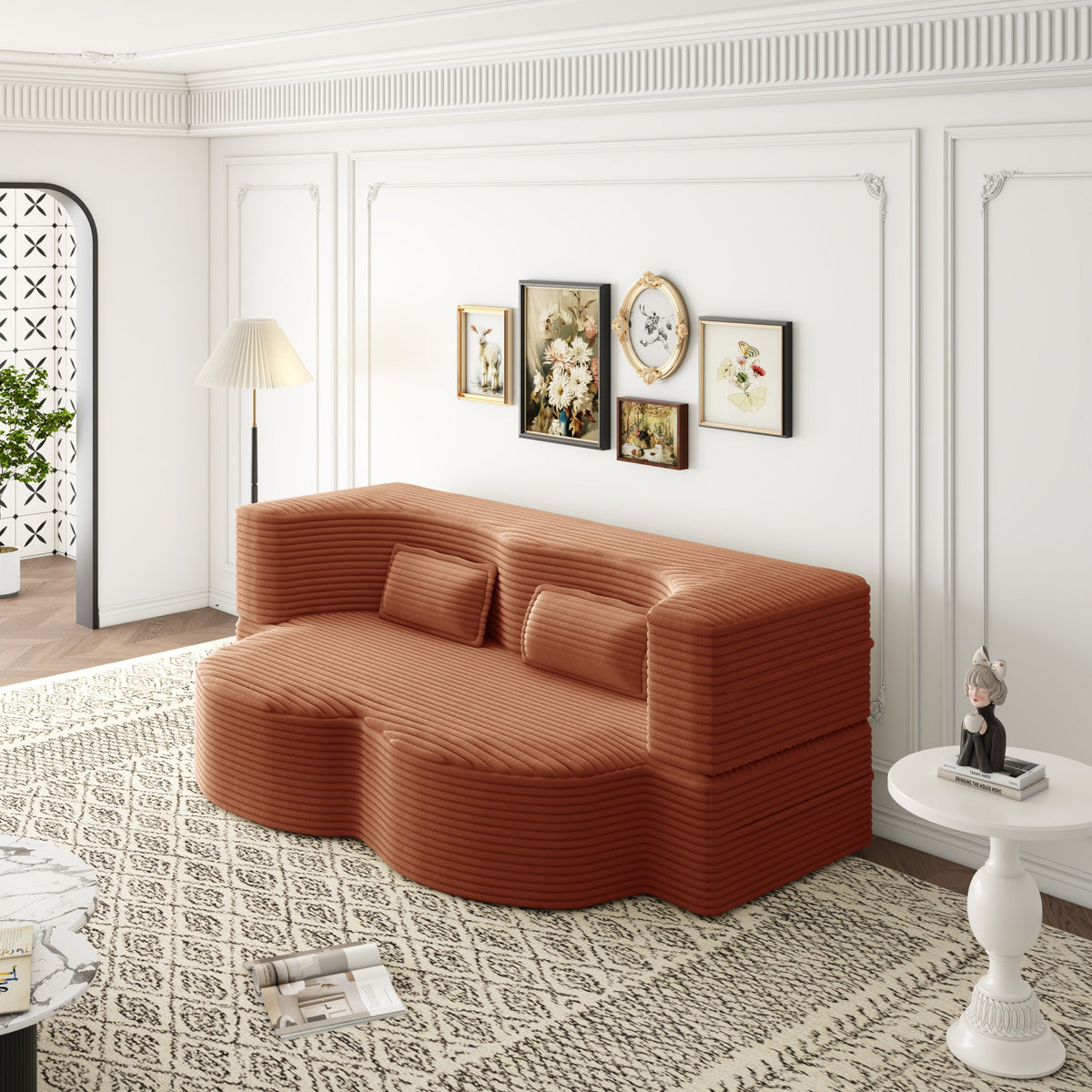 Modern Floor Sofa with 2 Pillows, Convertible Plush Corduroy Foam-Filled Sleeper Sofa Bed,15 ' Full Size Folding Mattress for Living Room, Guest Bed, no assembly required, Light Grey