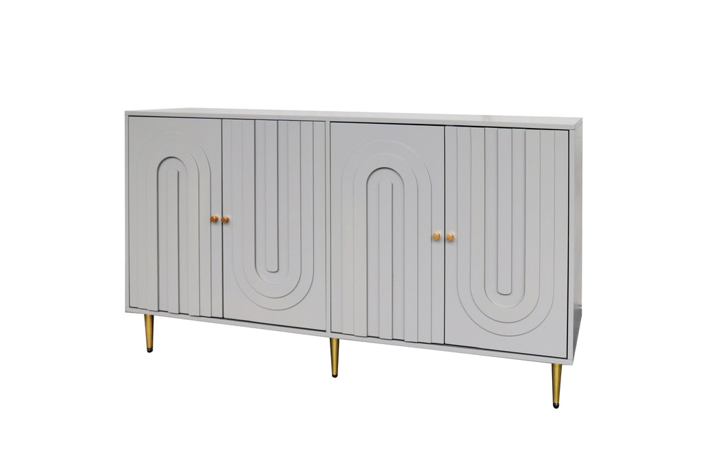 Gray sideboard cabinet open door two-tier storage detail