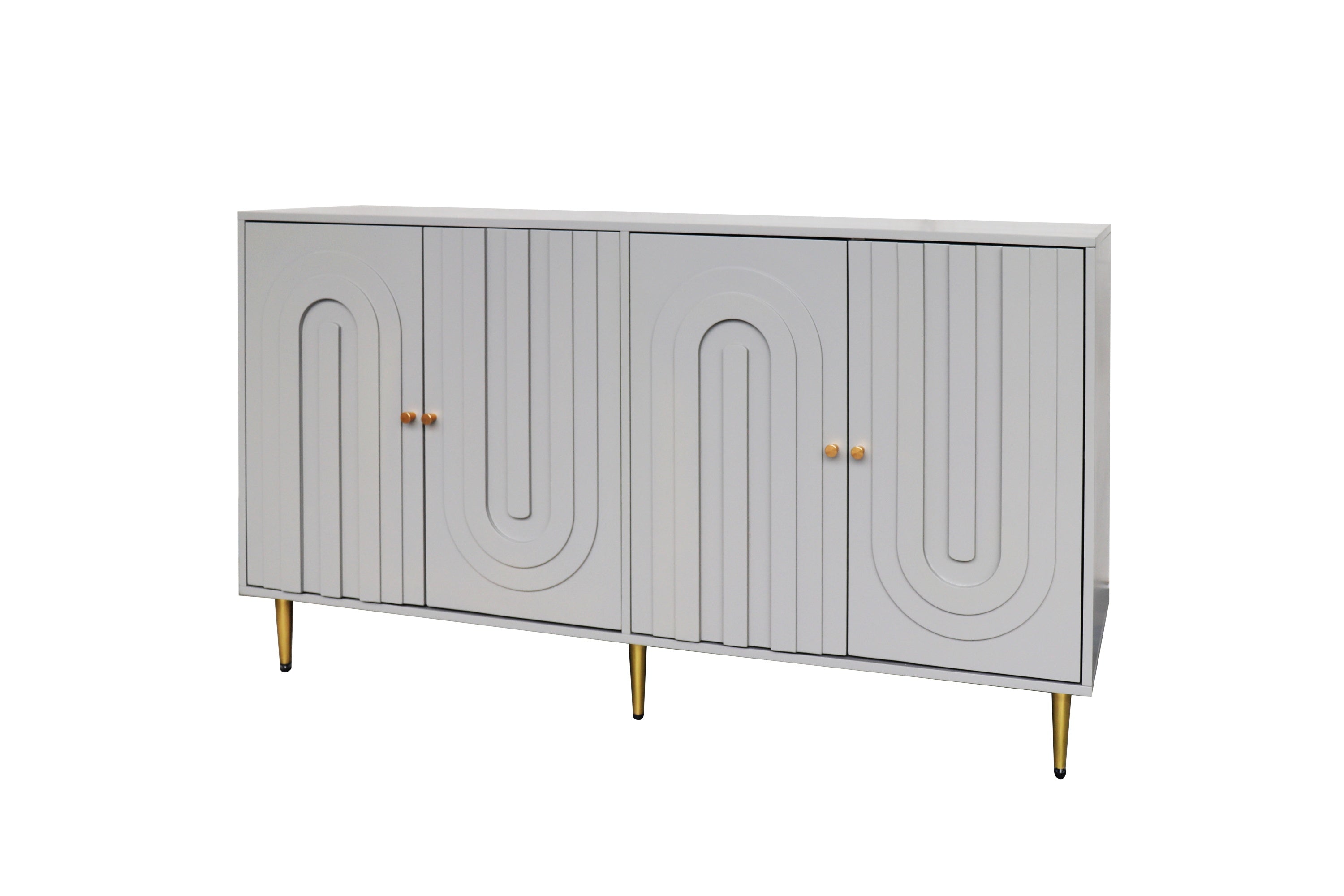 Gray sideboard cabinet open door two-tier storage detail