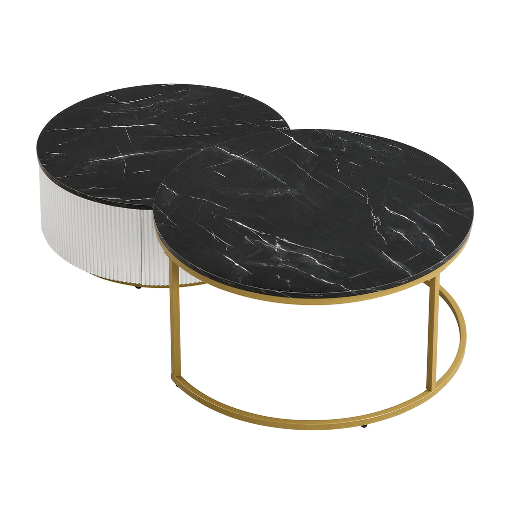 Drawer open on black round coffee table