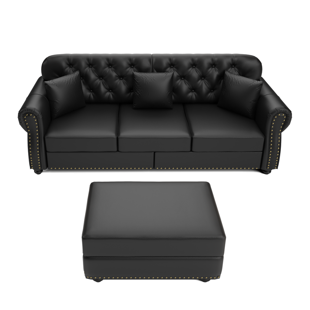 82.6'Upholstered Faux Leather Sofa with Nailhead Trim and Rolled Armrests,Mid-Century Modern Chesterfield Sofa with Button Tufted,Includes 3 Pillows,Black