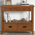 Brown farmhouse console table four drawers — front view