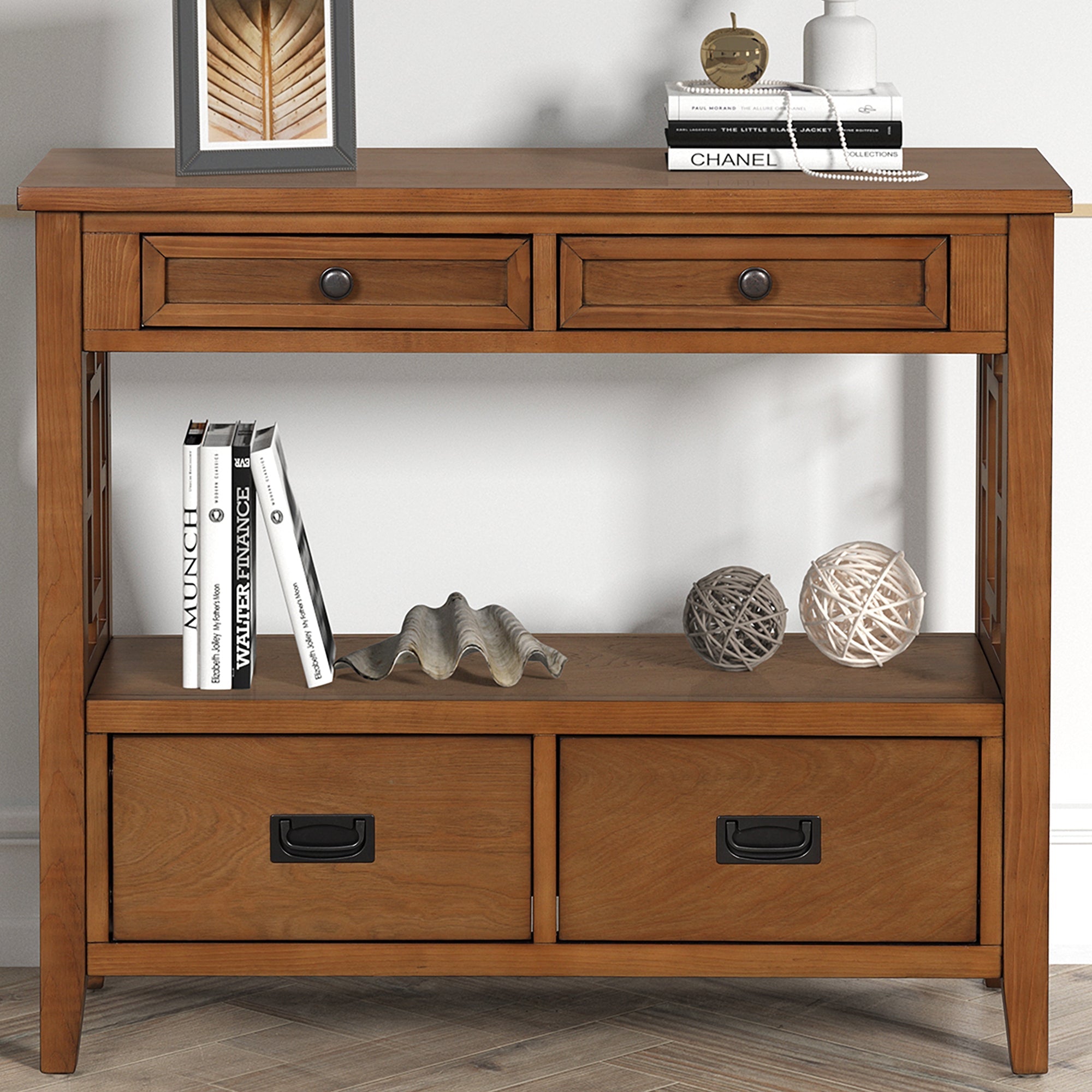 Farmhouse Console Table — 4 Drawers & Open Storage Shelf