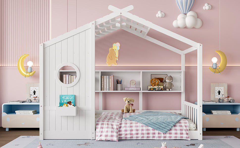 Twin Size Floor House Bed for Toddler, Kids Montessori Bed with Storage Shelf, Playhouse Bed with Roof Design, Gray