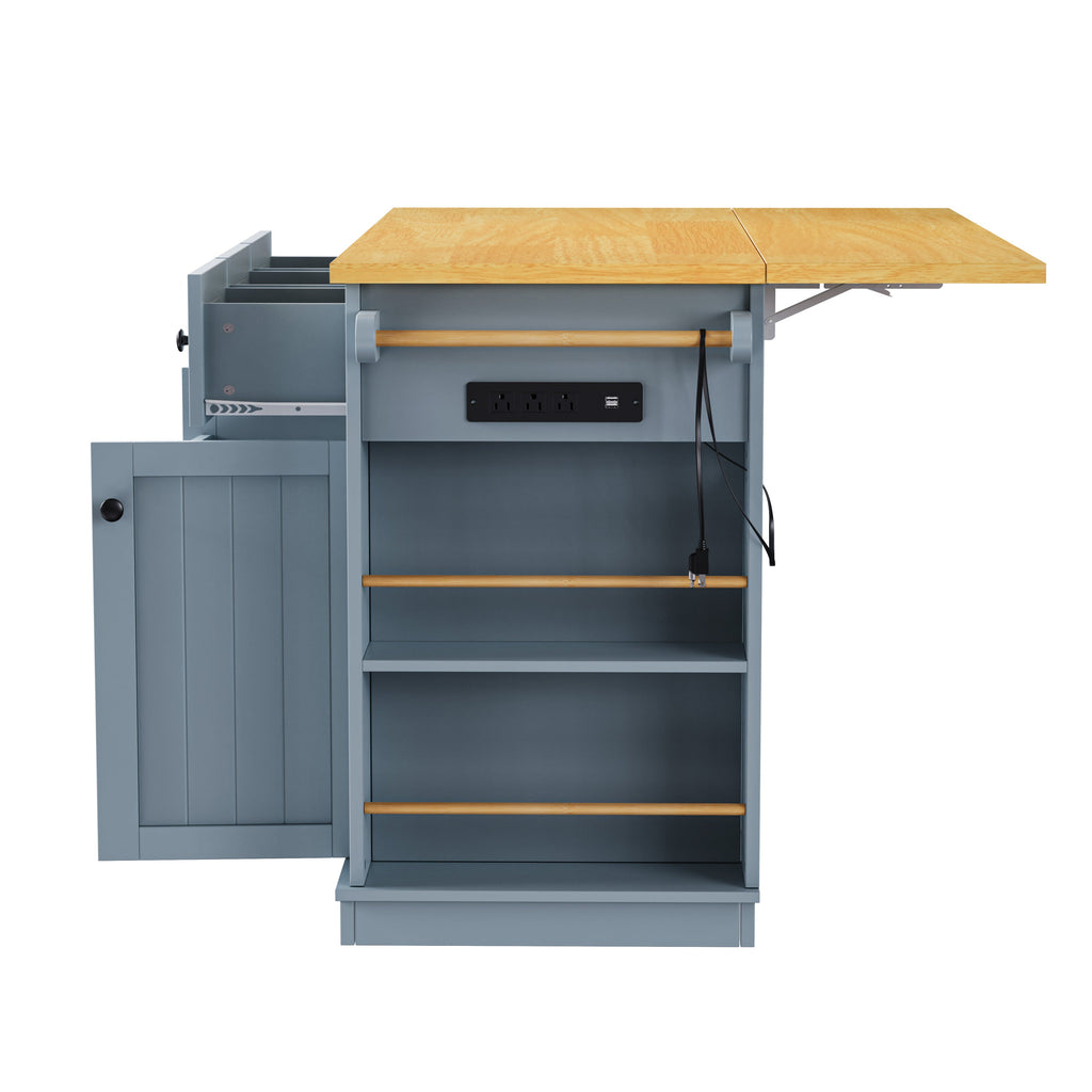 K&K 53inch Large Kitchen Island with Drop Leaf,Power Outlet,Door Internal Storage Rack,Rolling Kitchen Cart on 5 Wheels with 5 Open Side Racks for Kitchen,Black(Two Packages)(Stools not included)