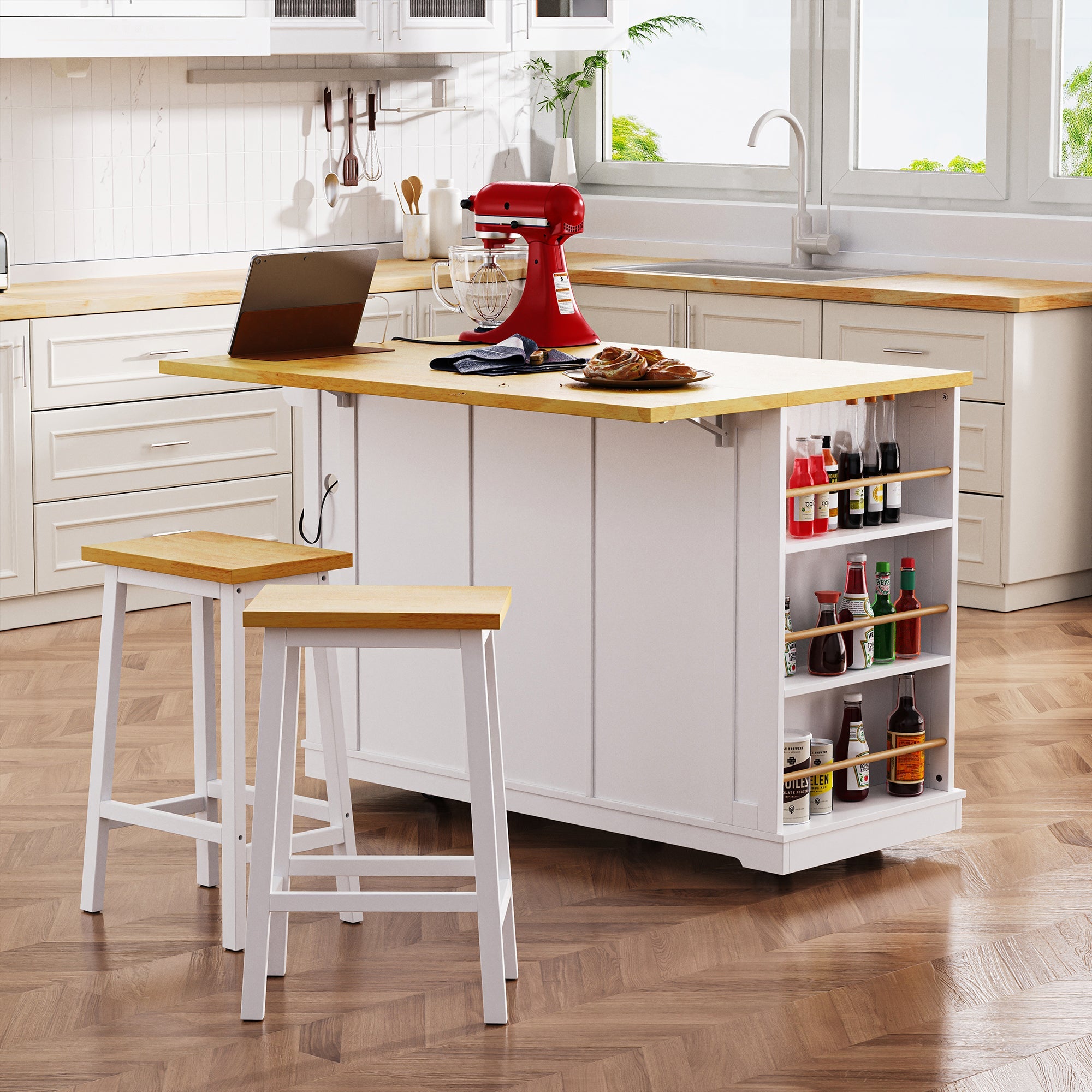 K&K 53inch Large Kitchen Island with Drop Leaf,Power Outlet,Door Internal Storage Rack,Rolling Kitchen Cart on 5 Wheels with 5 Open Side Racks for Kitchen,Black(Two Packages)(Stools not included)