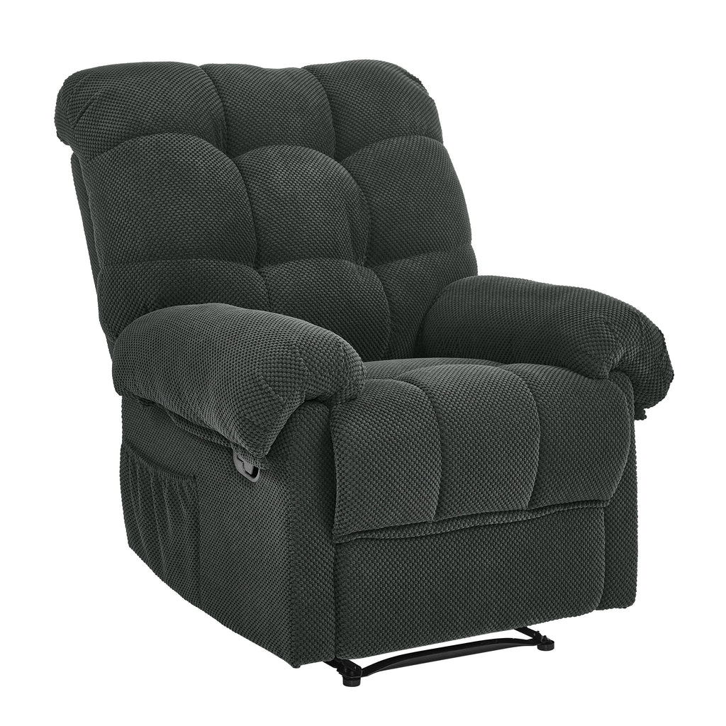 Dark gray fabric recliner plush armrest detail