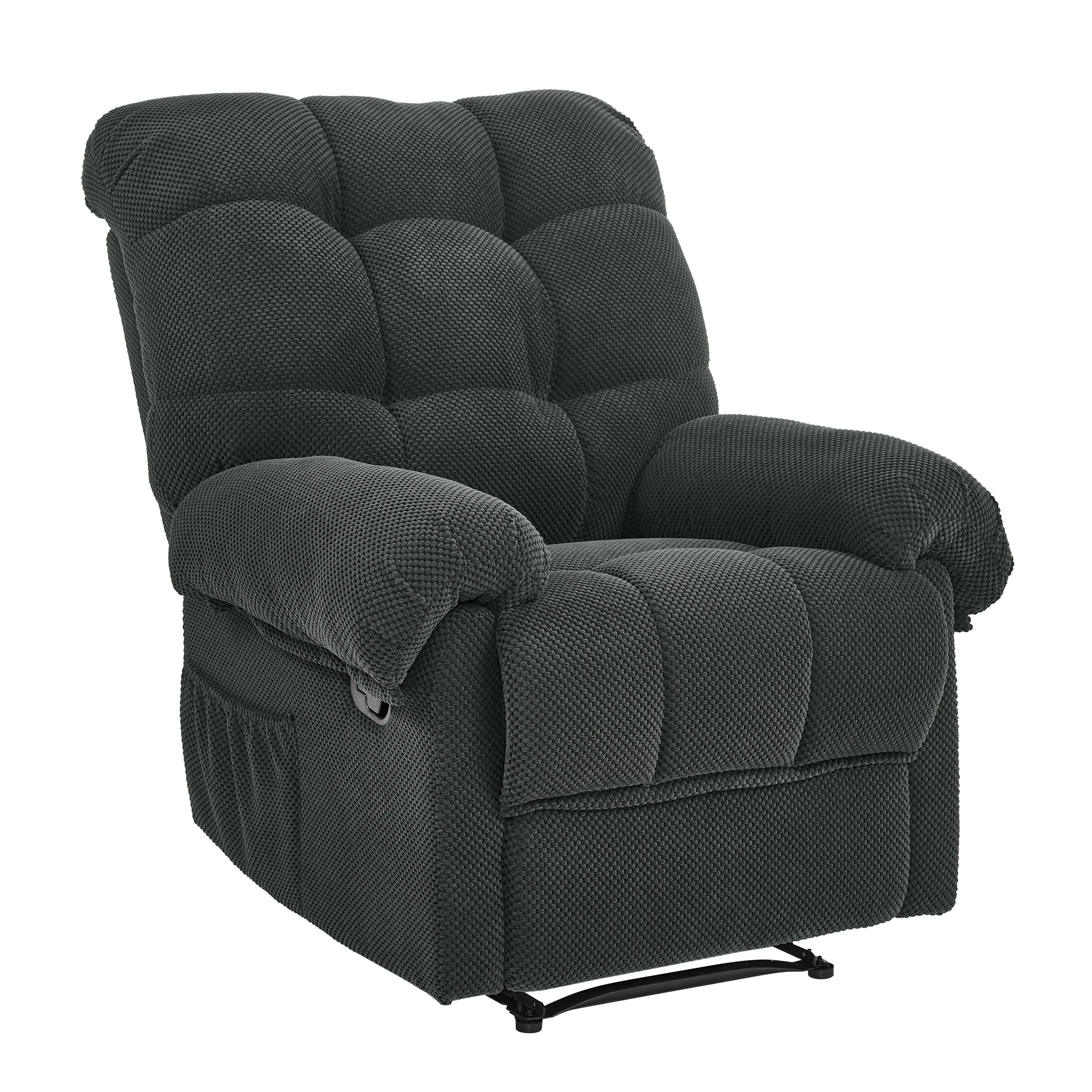Dark gray fabric recliner plush armrest detail