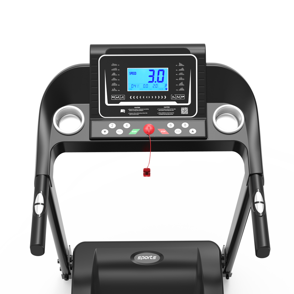 Black treadmill LCD heart rate speed metrics display close-up