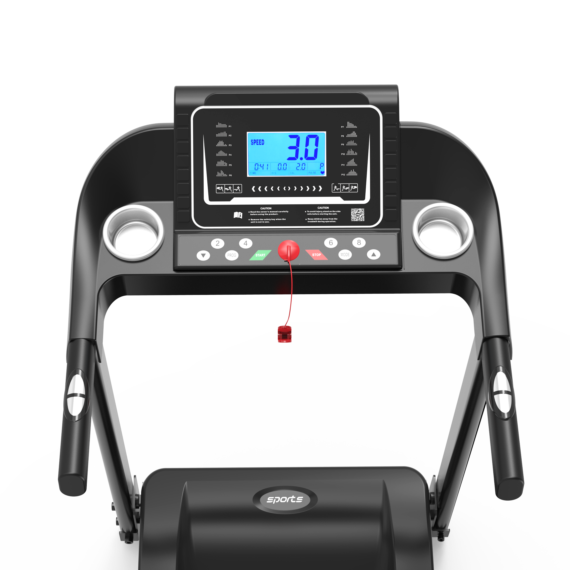 Black treadmill LCD heart rate speed metrics display close-up