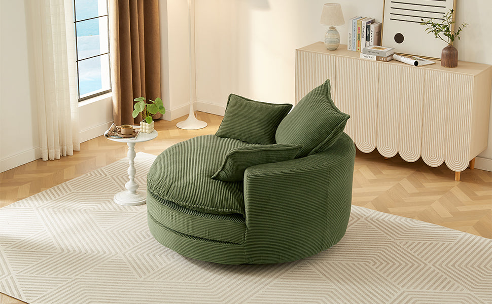 Corduroy Swivel Barrel Chair — 360° with Removable Pillows
