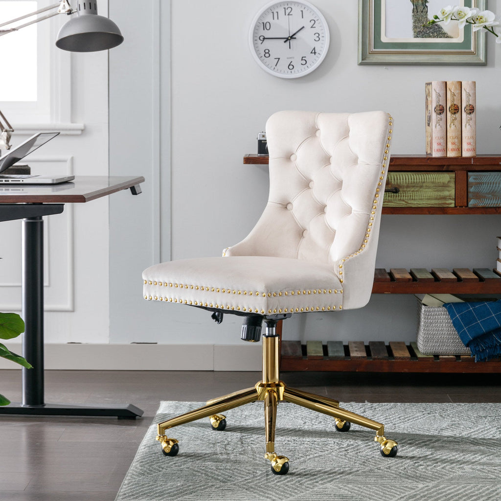 Velvet Office Chair — Button-Tufted with Gold Metal Base & Wheels
