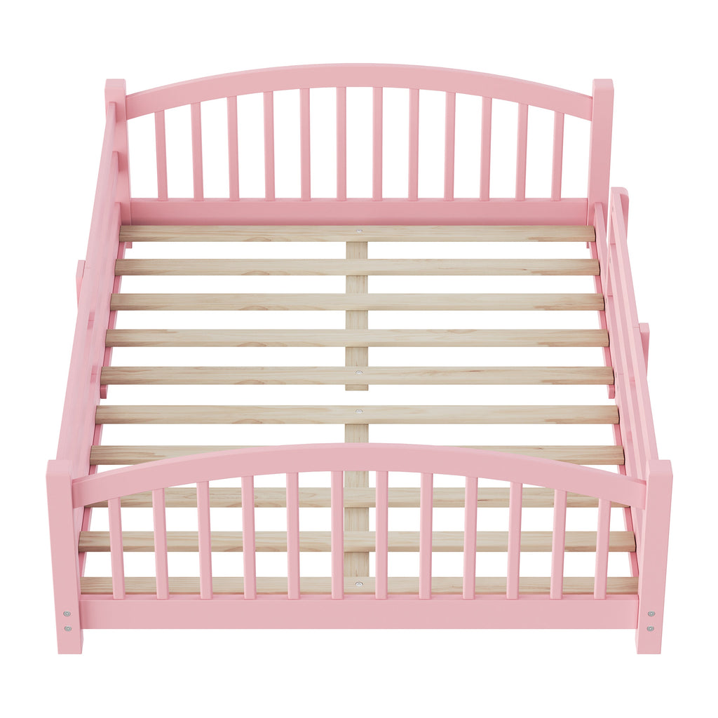 Full Montessori Floor Bed with Slats and Safety Guardrails, Solid Wood Floor Bed with Fence and Without Door, Easy Assemble Montessori Bed for Girls and Boys, Gray