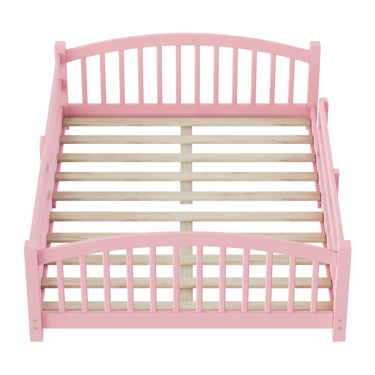 Full Montessori Floor Bed with Slats and Safety Guardrails, Solid Wood Floor Bed with Fence and Without Door, Easy Assemble Montessori Bed for Girls and Boys, Gray