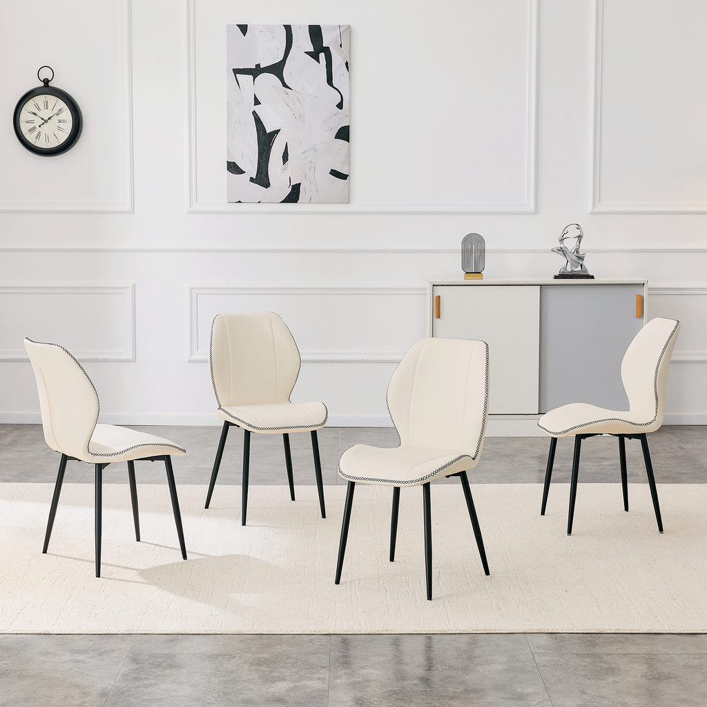 4-Pack White Light Luxury Household PU Leather Dining Chairs. Multiple colors available, with black metal legs and adjustable feet, suitable for dining room, study & office ,etc.