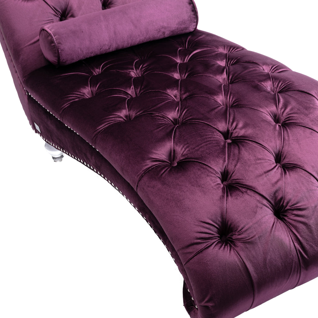 Purple velvet chaise lounge side view