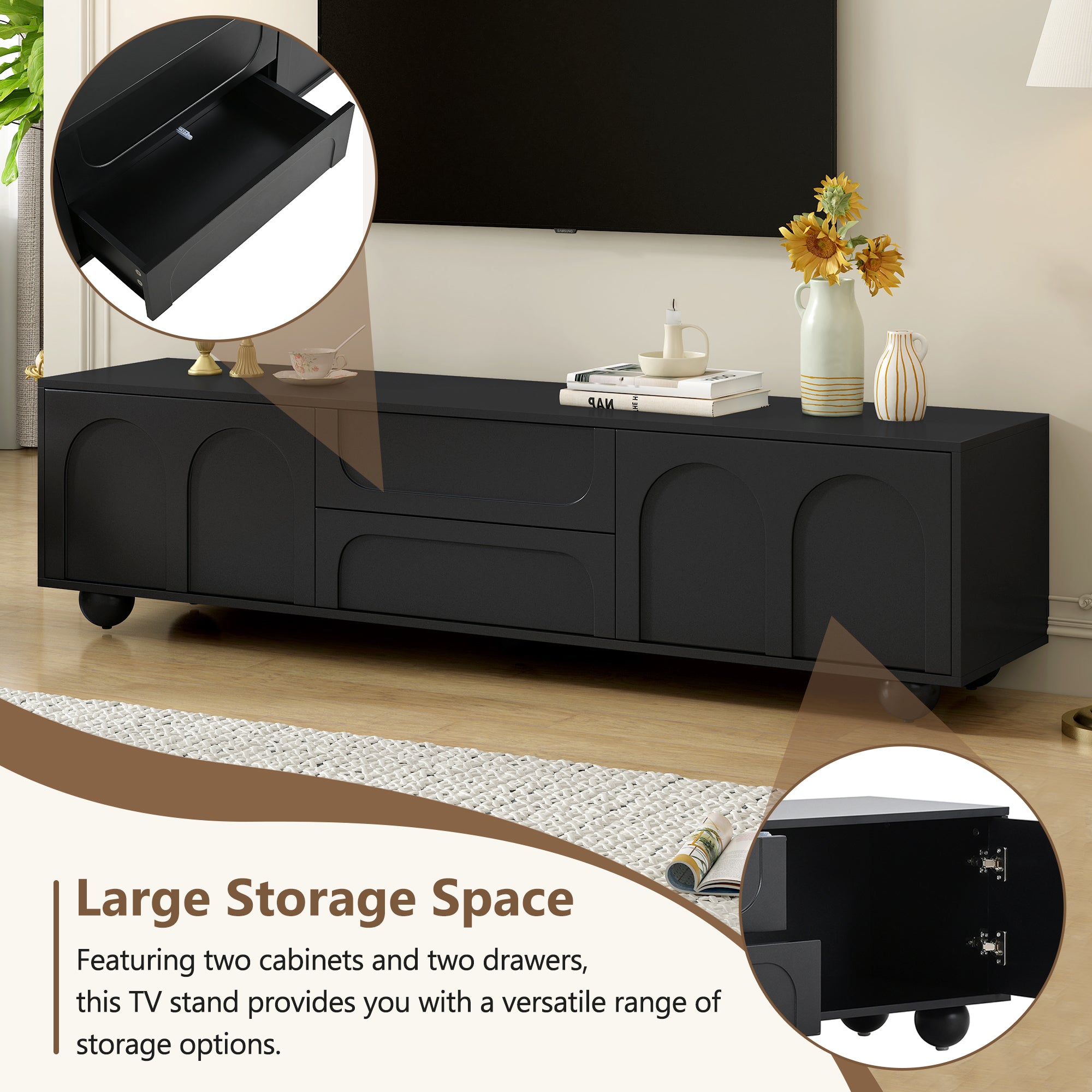 Arched cabinet door detail on black TV stand