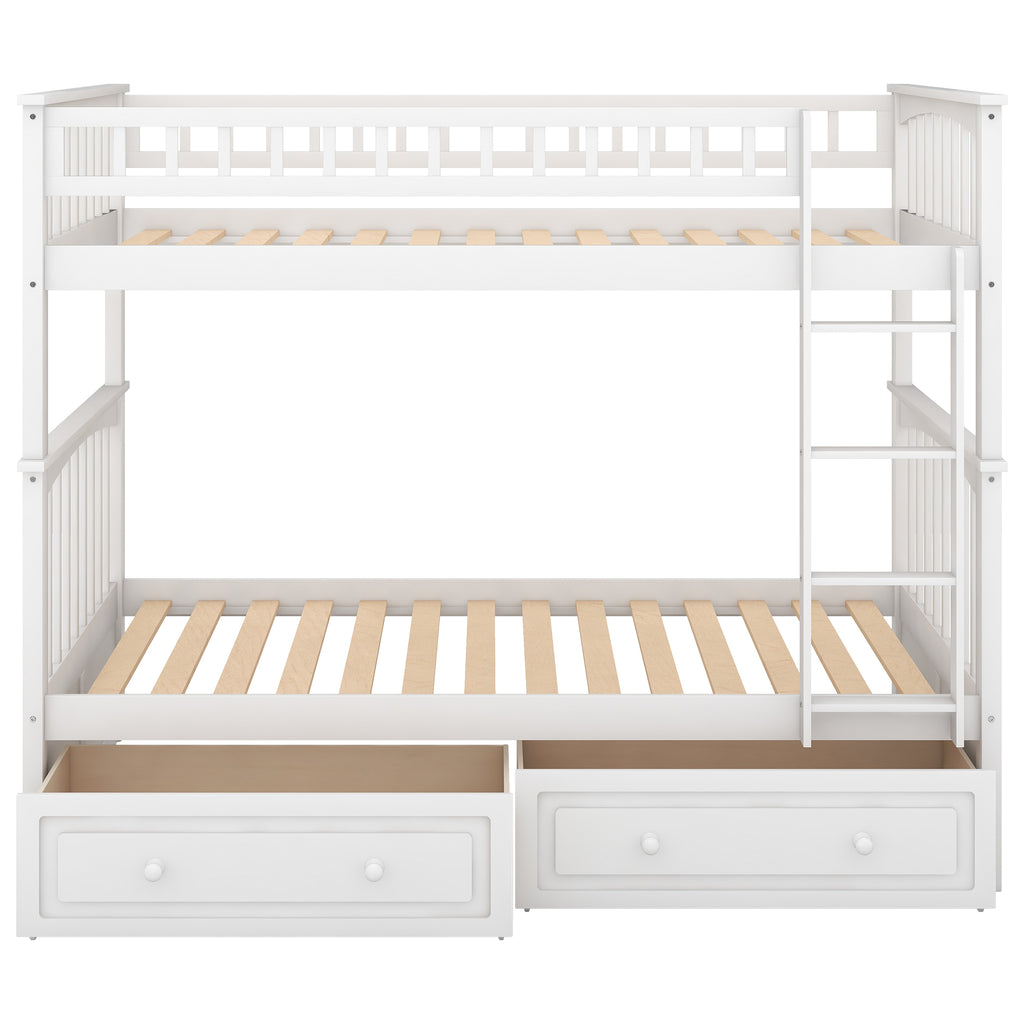 White pine wood twin bunk bed in kids bedroom setting