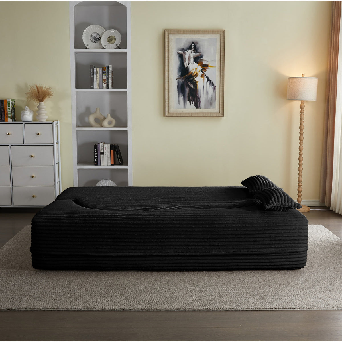 Modern Floor Sofa with 2 Pillows, Convertible Plush Corduroy Foam-Filled Sleeper Sofa Bed,15 ' Full Size Folding Mattress for Living Room, Guest Bed, no assembly required, Light Grey