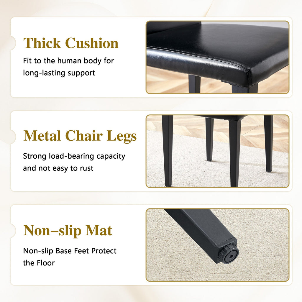 Table and chair set. 71 * 35.4 inch Wood grain MDF splicing desktop with X-shaped metal frame dining table.Includes 8 white PU dining chairs With Black Metal Legs.Making it an ideal choice for home.