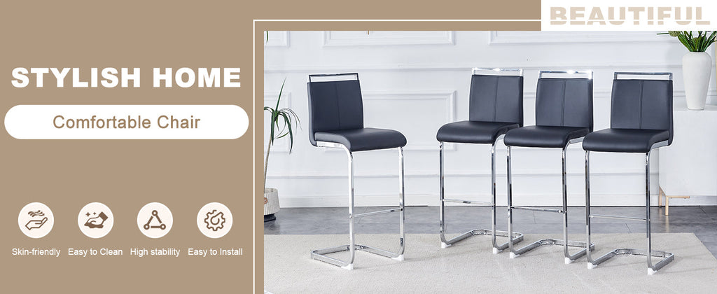 Modern and beautiful bar stool upholstered in PU leather with C-shaped silver metal legs for dining rooms, kitchens, terraces and guest office chairs.(set of 6) (white+PU)