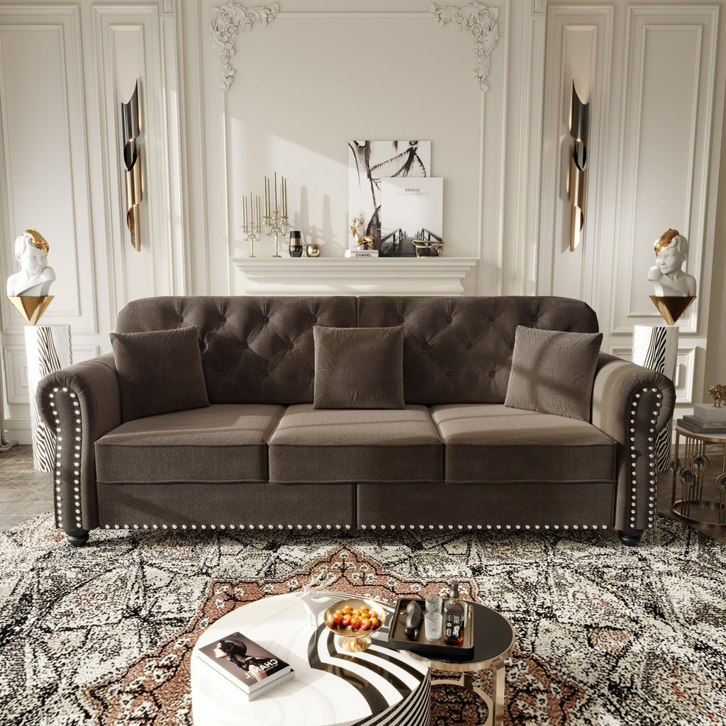 82.6'Upholstered Velvet Sofa with Nailhead Trim and Rolled Armrests,Mid-Century Modern Chesterfield Sofa with Button Tufted,Includes 3 Pillows,Burgundy
