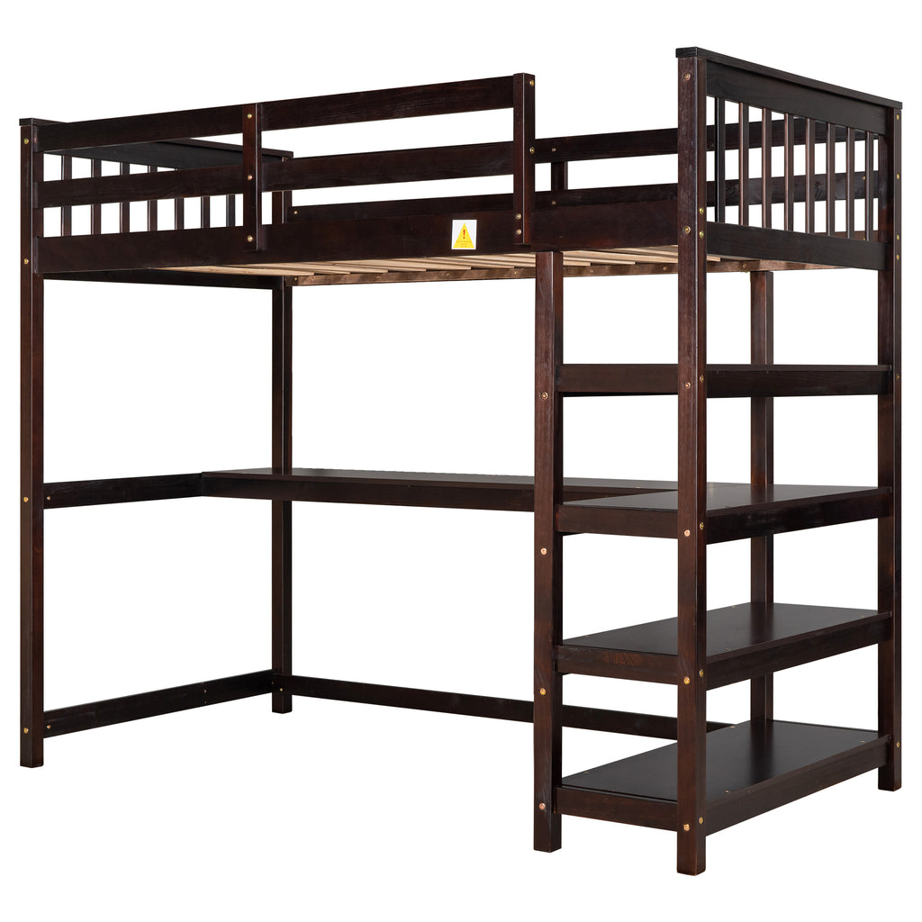 Espresso twin loft bed with desk and storage shelves — front view