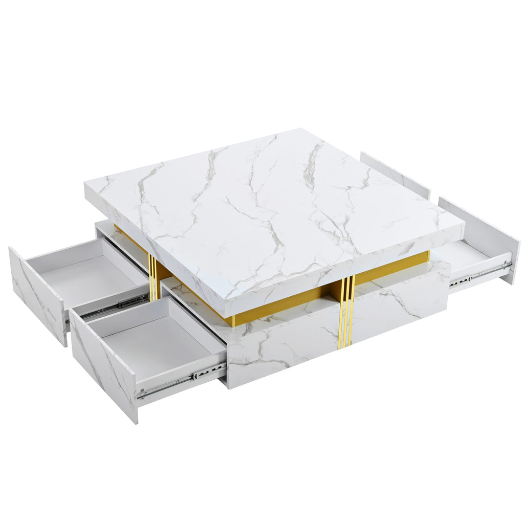 Square Storage Coffee Table — 4 Drawers & Gold Accents