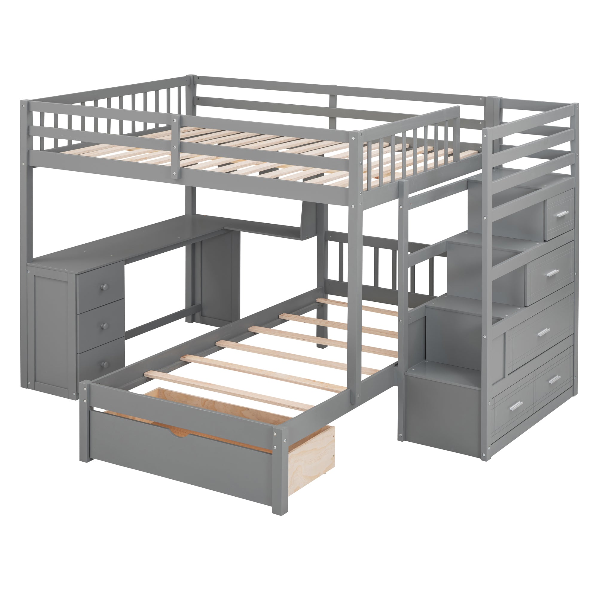 Integrated study desk with three drawers underneath bunk bed