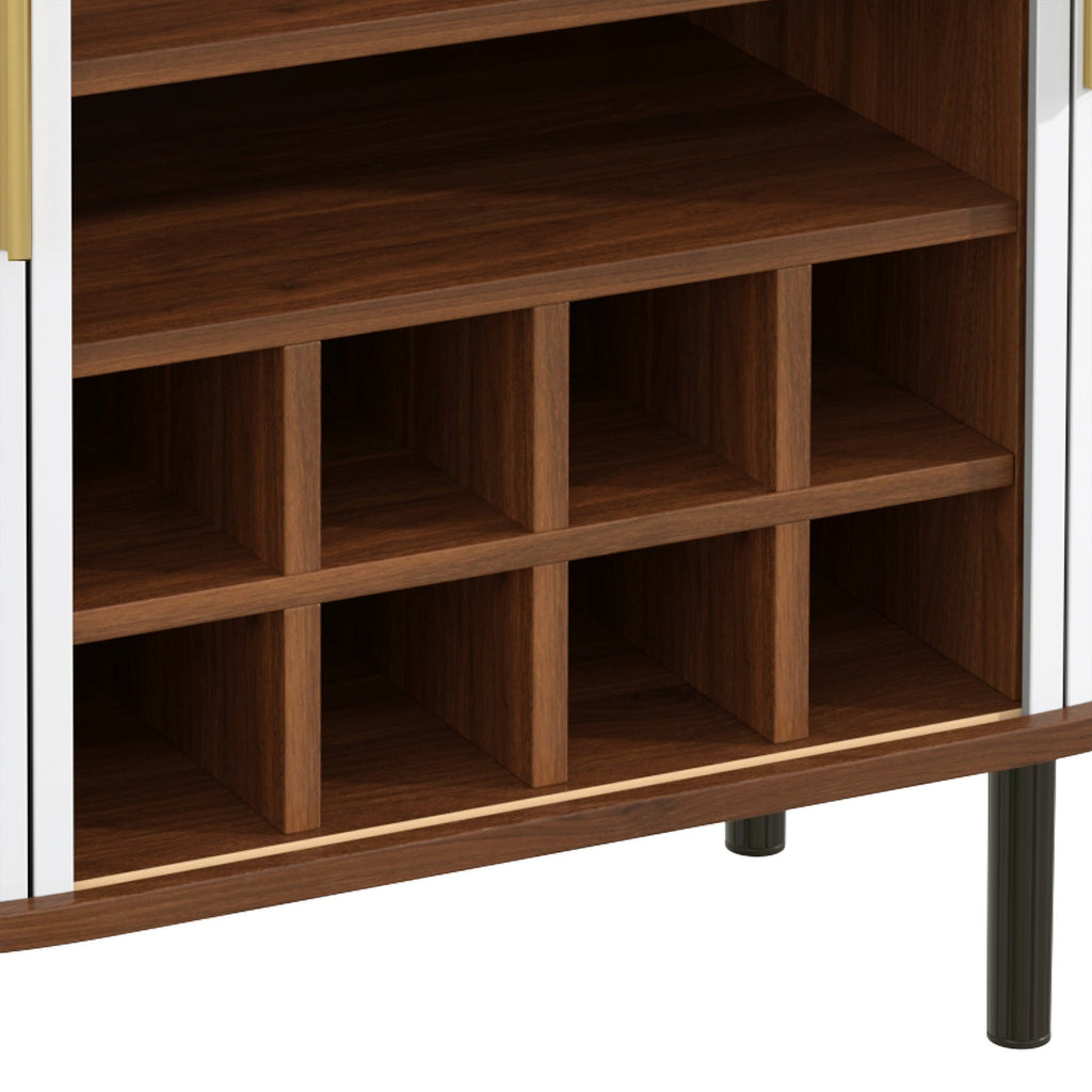 28' Fluted Wine Bar Cabinet with 8-Grid Wine Rack, 5-Level Adjustable Shelves, 2 Glass Holders, Smoothly Sliding Tambour Doors, 4 Hidden Storage Space on the Side, Modern Liquor Coffee Station, Black