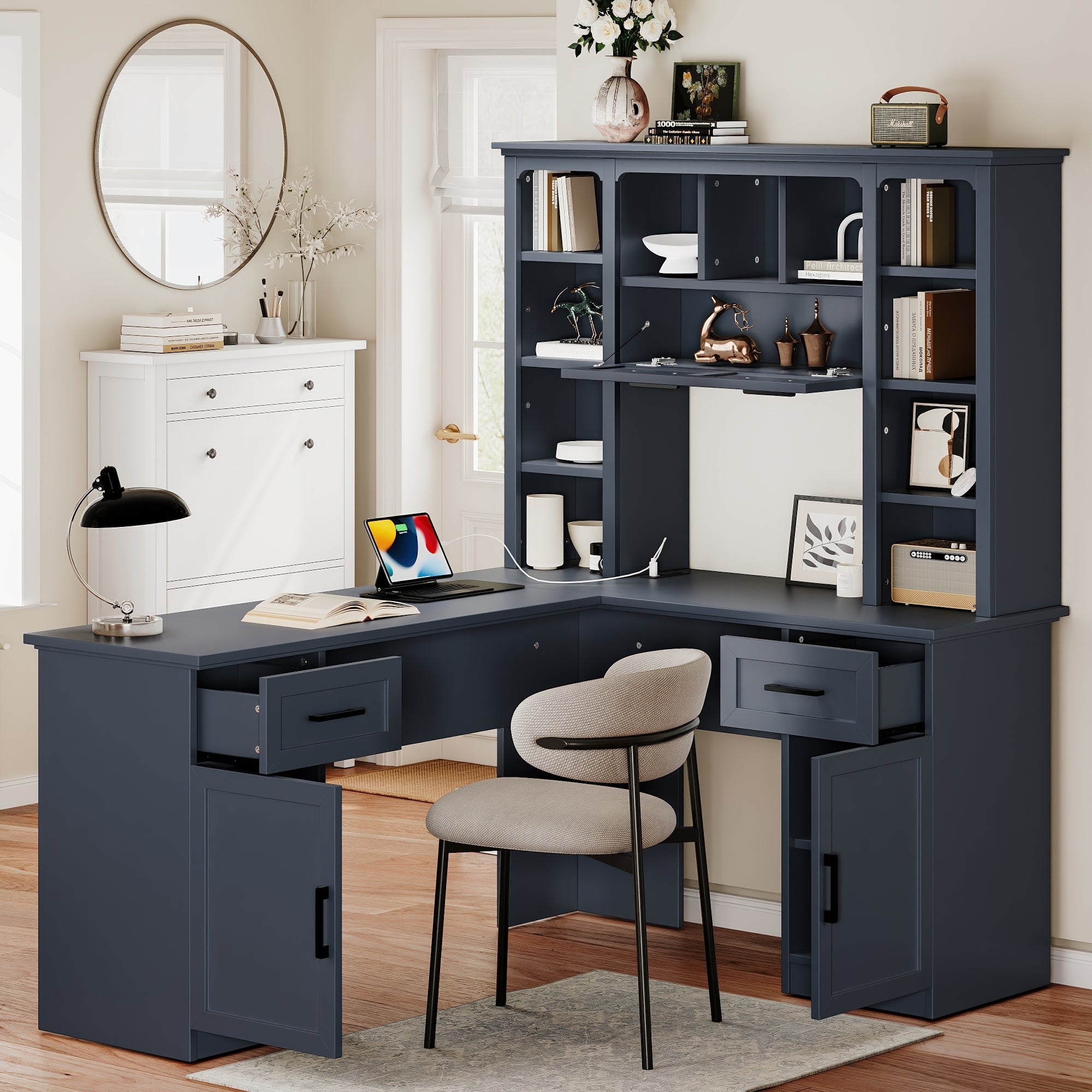L-shaped desk corner work surface with power outlet