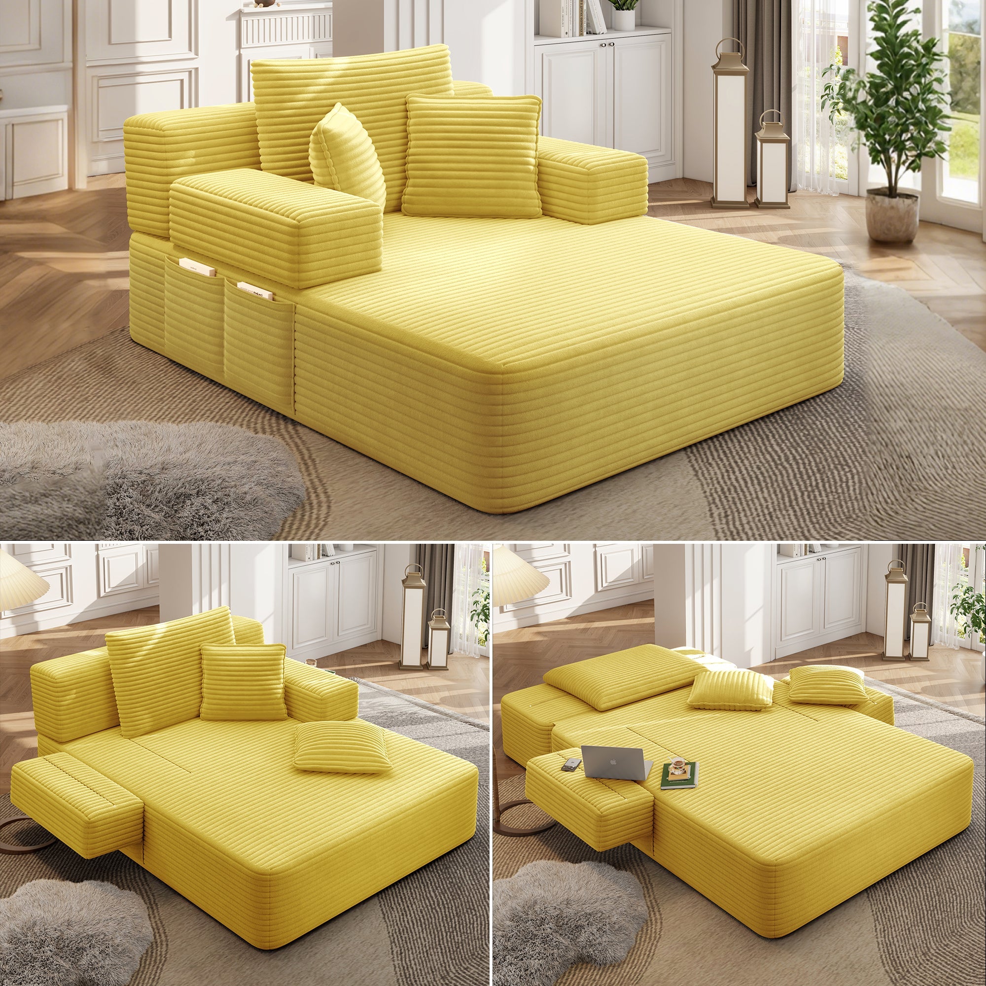 Oversized Plush Corduroy Chaise Lounge Sofa Bed,Convertible Sleeper Couch Bed w/ Storage Pockets,3 Soft Pillows,Multi-Functional Frameless Sofa Couch for Apartment,Home Theater,Guest Room,Beige&White