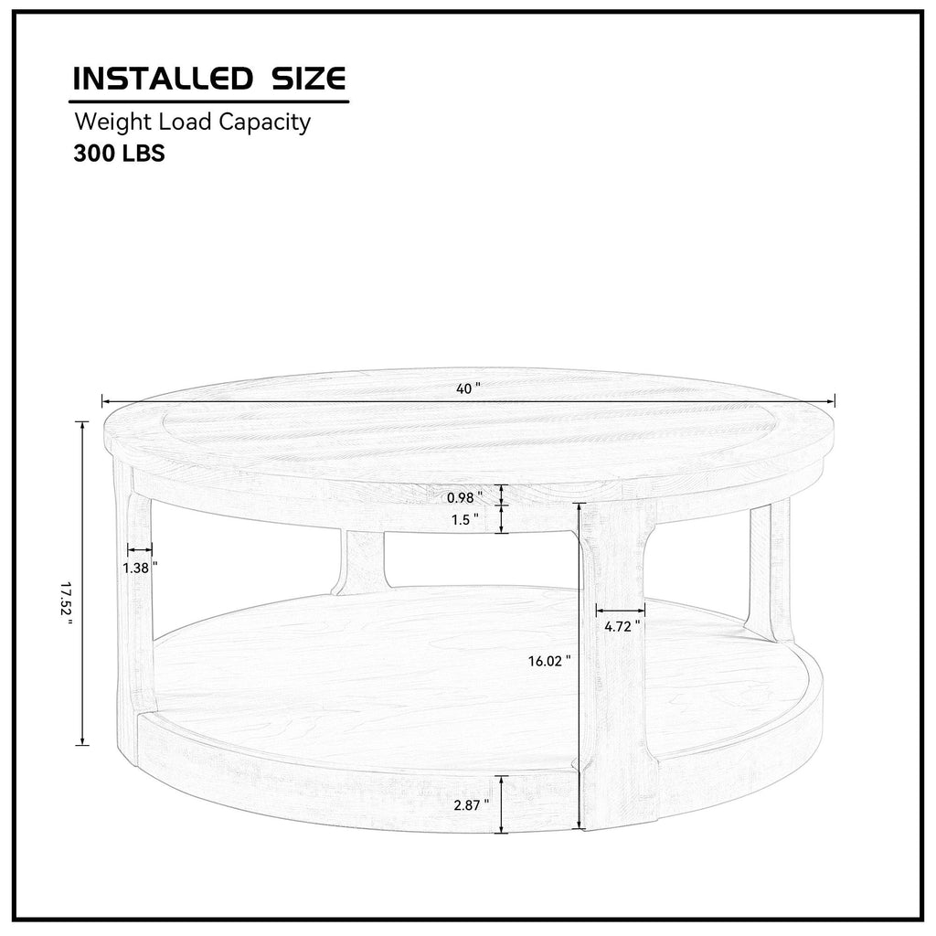 40-Inch Round 2-Tier Coffee Table — Rustic Wooden Center Table with Wheels